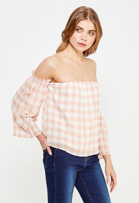 LOST INK  CHECK BARDOT TIE SHOULDER TOP